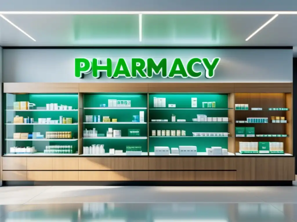 Una farmacia moderna y minimalista con estanterías organizadas y letreros sutiles que transmiten profesionalismo y confianza