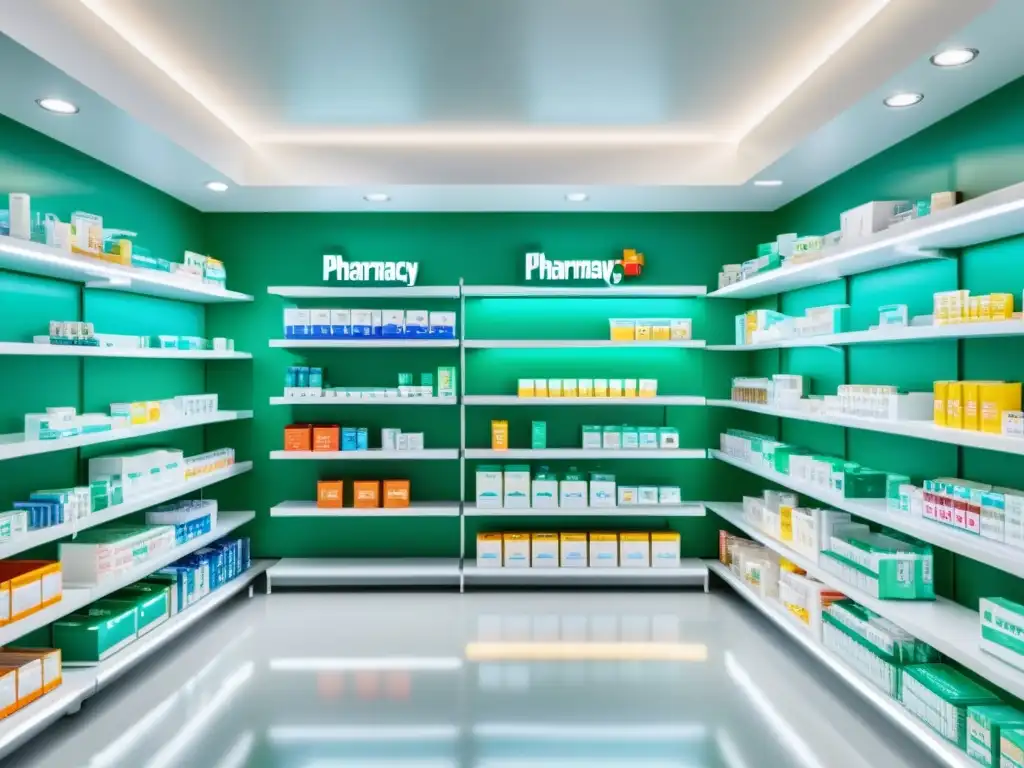 Farmacia moderna con productos organizados y ambiente profesional