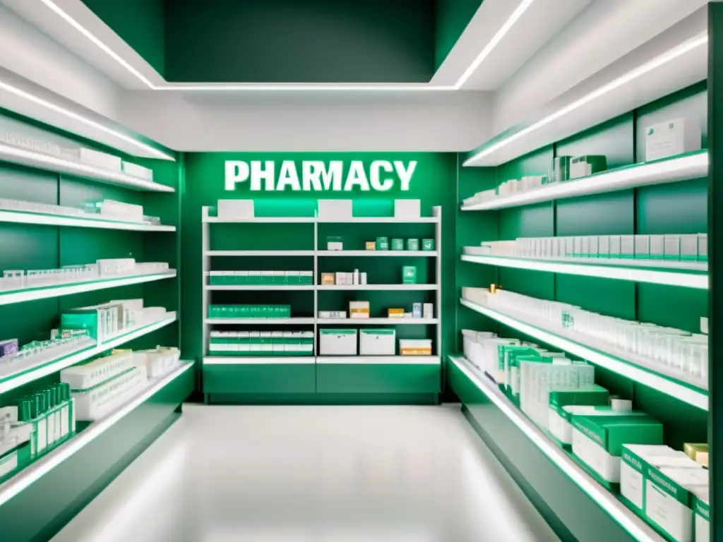 Farmacia online con descripciones de producto elegantes y organización impecable, en tonos monocromáticos y luz suave