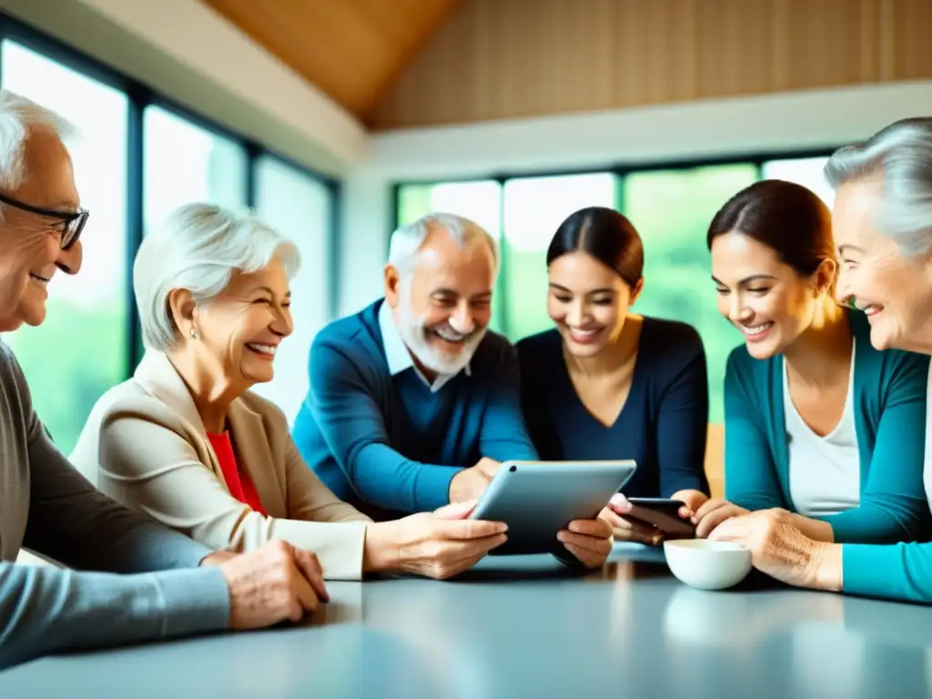 Inclusión financiera en la tercera edad: Personas mayores felices usan tecnología para gestionar sus finanzas y hacer compras en línea