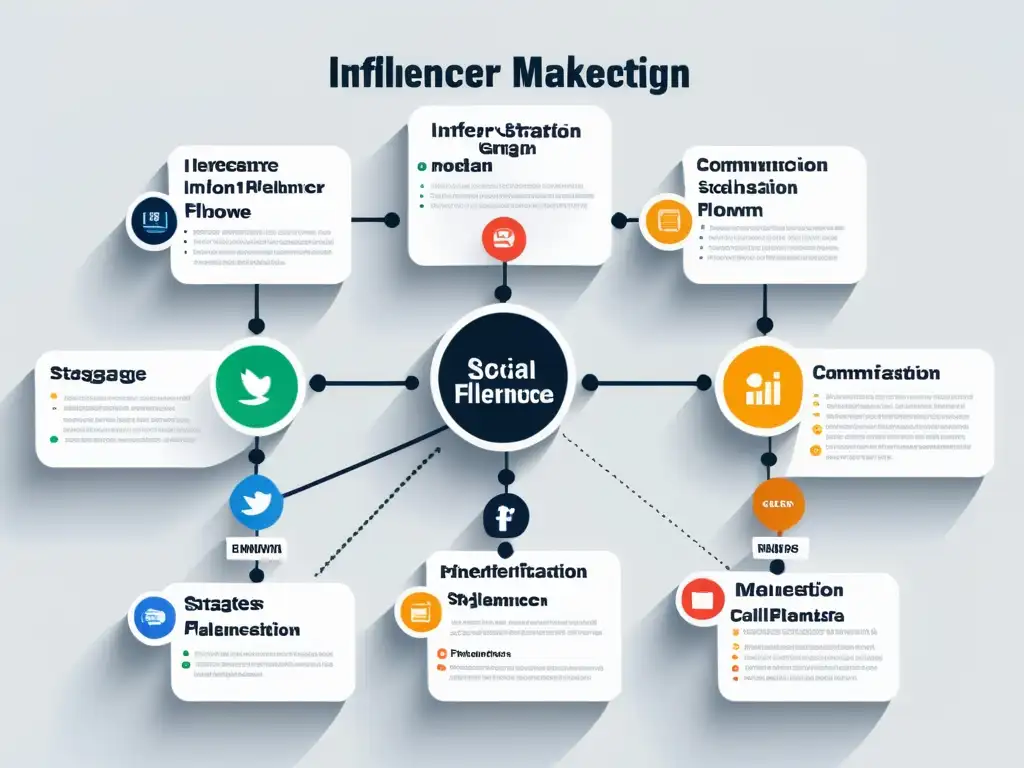 Flujo de estrategia de marketing de influencers en marcas de ecommerce, elegante y moderno en fondo blanco