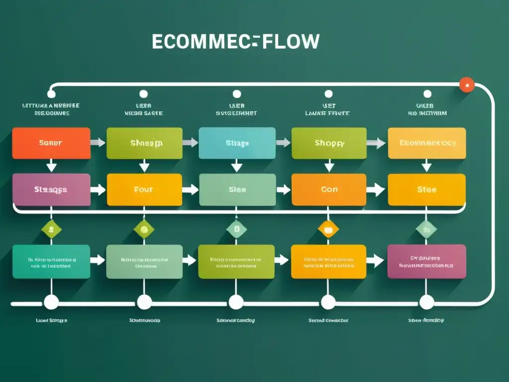 Diseño flujo usuario ecommerce: Diagrama detallado con líneas claras y esquema moderno, muestra la intuitiva experiencia de compra en un sitio web