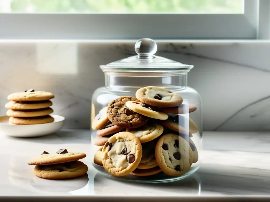 Un frasco de vidrio transparente lleno de galletas, en un mostrador de mármol blanco con luz natural