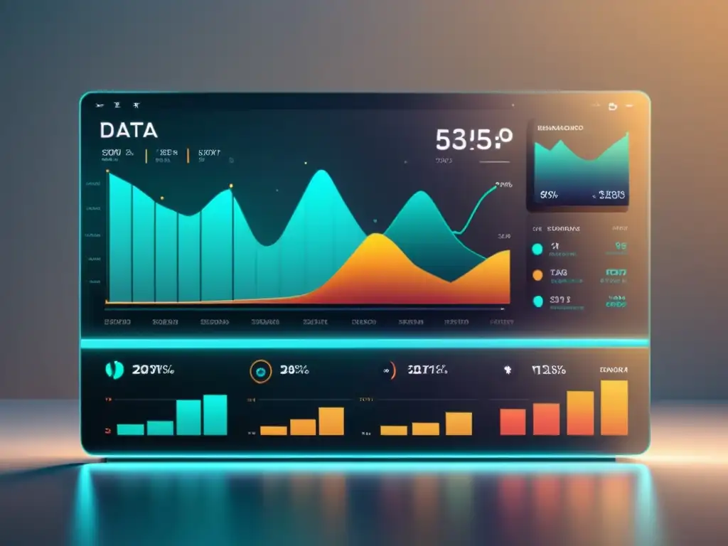 Dashboard futurista de análisis de datos estratégicos en comercio electrónico, con gráficos geométricos y paleta de colores sofisticada