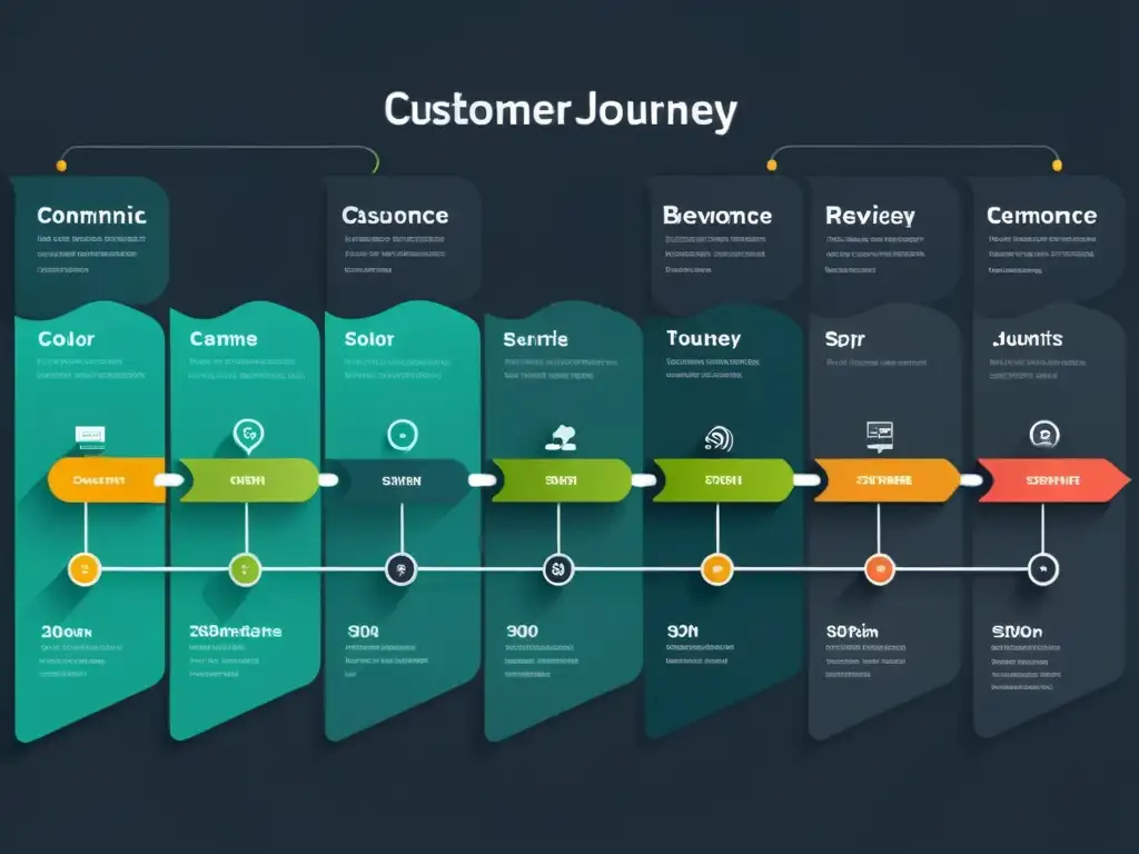 Visualización futurista del análisis customer journey para ecommerce con nodos interconectados y datos visuales, exudando sofisticación tecnológica