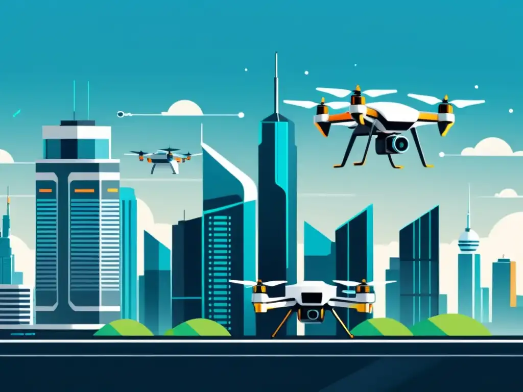 Cityscape futurista con drones y robots AI optimizando estrategias impacto IA SEO ecommerce, integrando tecnología AI en el marketing digital