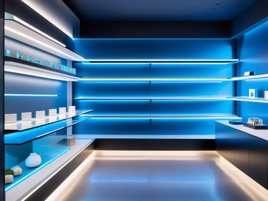 Un futurista escaparate de cristal con iluminación LED azul y productos elegantes