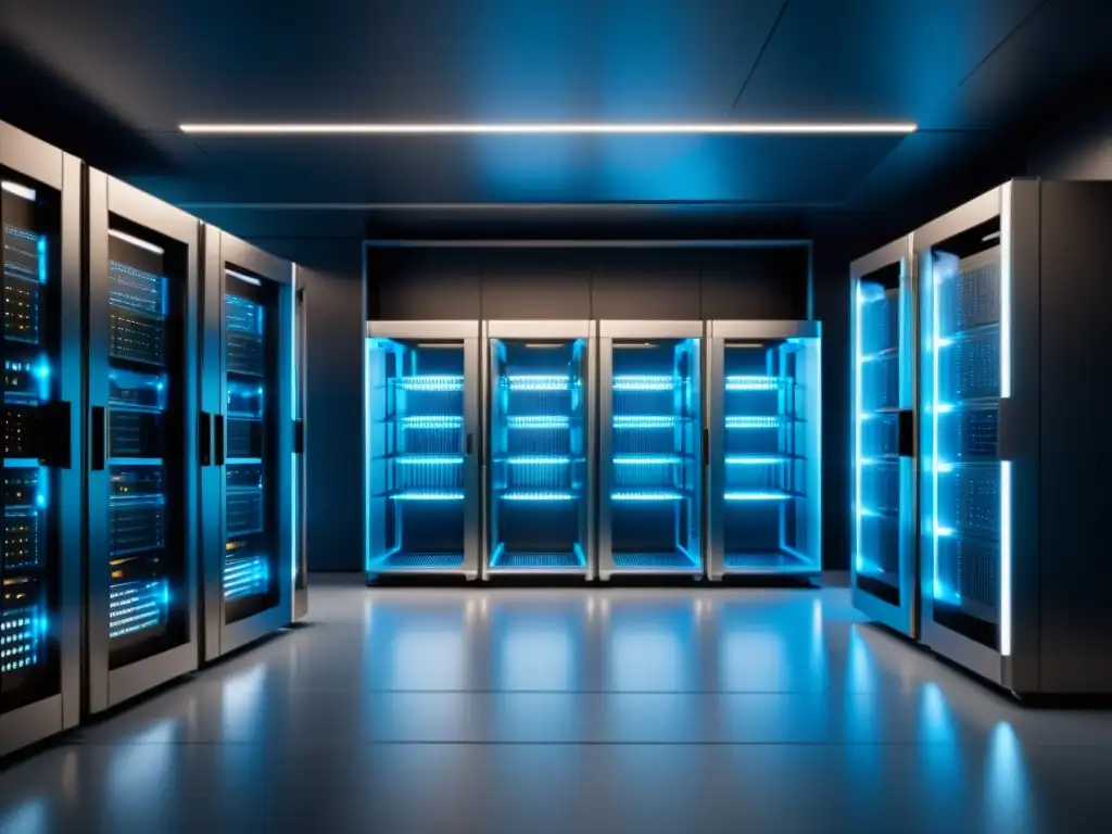 Server room futurista con servidores brillantes y organizados en un ambiente minimalista