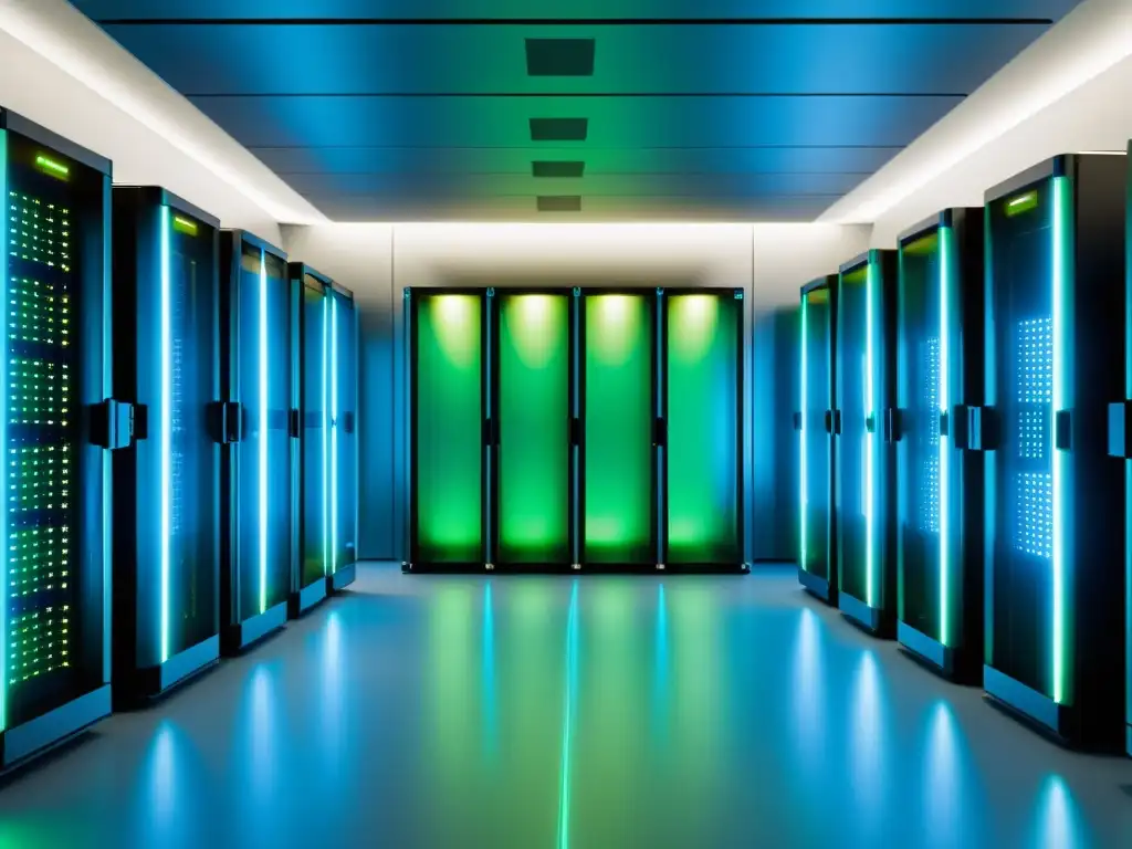 Un data center futurista con servidores brillantes en tonos azules y verdes