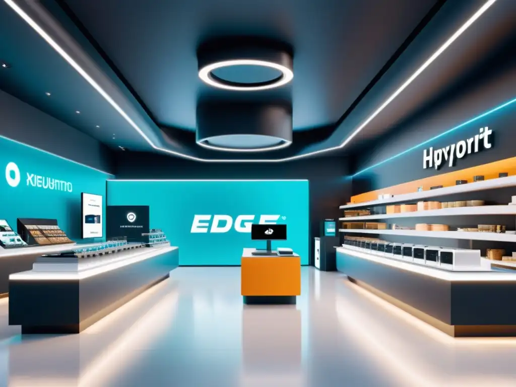 Una ilustración futurista de una tienda de comercio electrónico con arquitectura angular y tecnología avanzada integrada