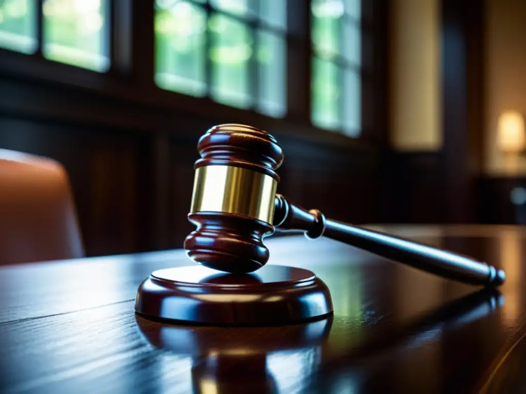 Un gavel de juez descansando en una mesa de madera oscura, con luz natural suave