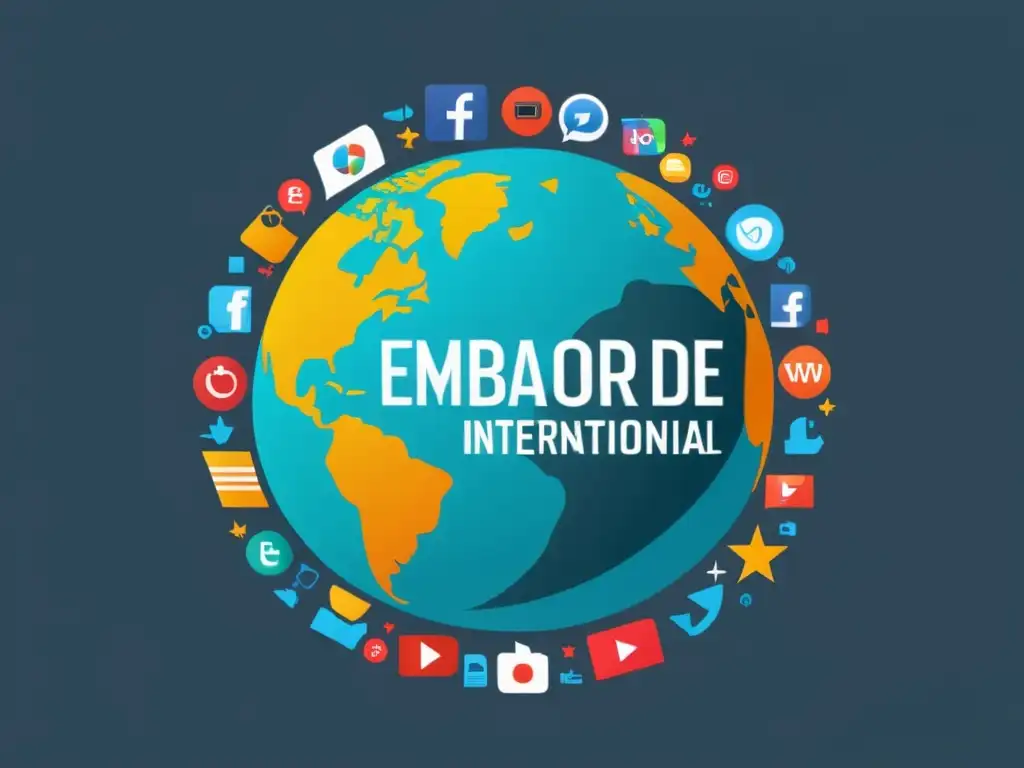 Un globo minimalista rodeado de íconos de redes sociales, con 'Embajadores de Marca' y 'Ecommerce Internacional' integrados sutilmente