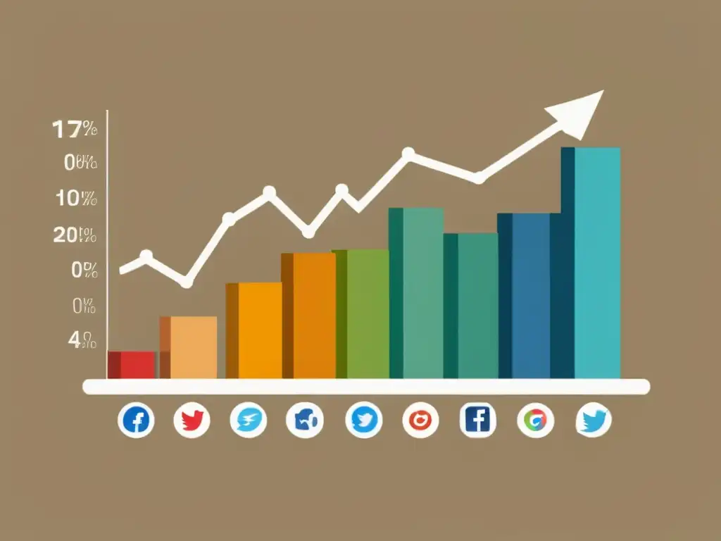 Gráfico financiero con íconos de redes sociales, simbolizando aumentar presupuesto publicitario en redes sociales para potencial éxito financiero