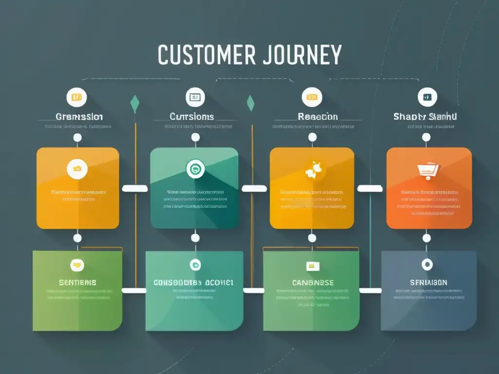 Gráfico minimalista de la medición del Customer Journey en el Comercio Electrónico, representando etapas y touchpoints de forma moderna y limpia