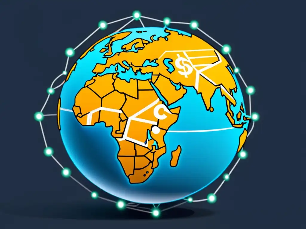 Gráfico minimalista de un globo terráqueo con nodos interconectados, rodeado de símbolos de moneda