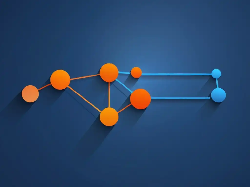 Un gráfico minimalista muestra una red de datos interconectados en tonos azules y naranjas