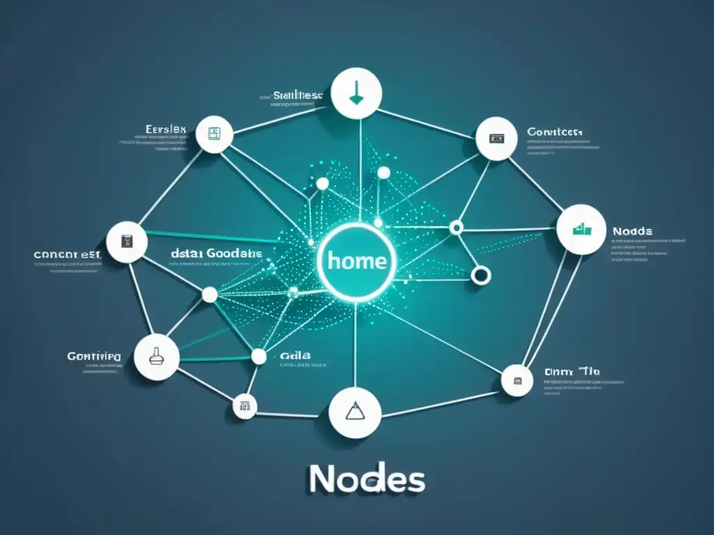 Gráfico minimalista de red de nodos interconectados con flujo de datos entre ellos, etiquetados con categorías de productos