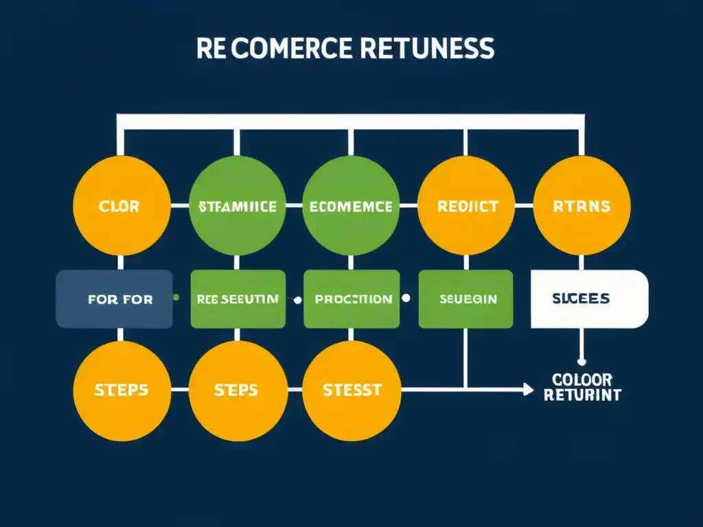 Gráfico minimalista de soluciones innovadoras devoluciones ecommerce, flujo claro y eficiente en tonos azul, blanco y toques de verde