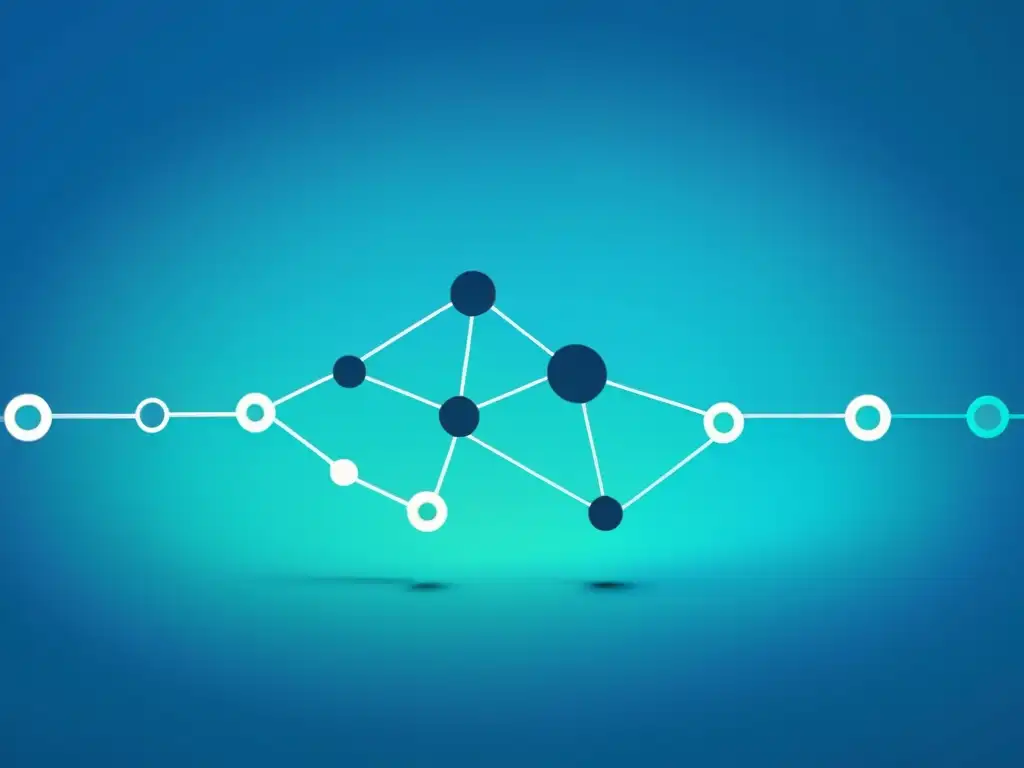 Gráfico moderno de red de nodos interconectados y puntos de datos, en tonos azules y verdes