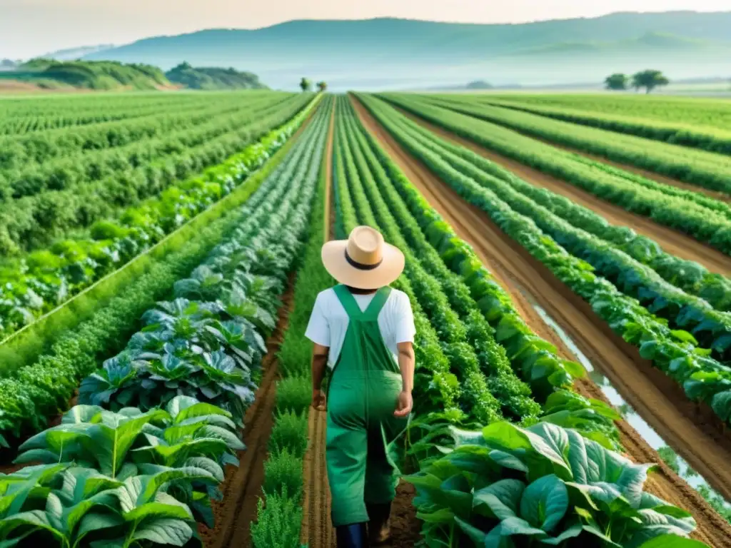 Un granjero cuida de sus cultivos en una tierra fértil y exuberante, conectando productores sostenibles globalmente