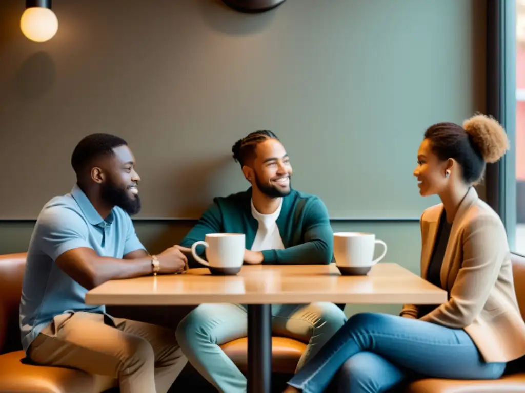 Grupo diverso en café moderno, analizando sentimientos