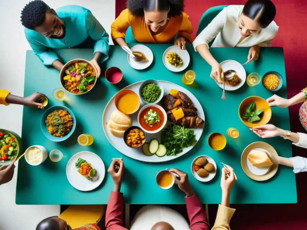 Un grupo diverso disfruta de una comida en un entorno cálido y acogedor, perfecto para el ecommerce transfronterizo diversidad cultural