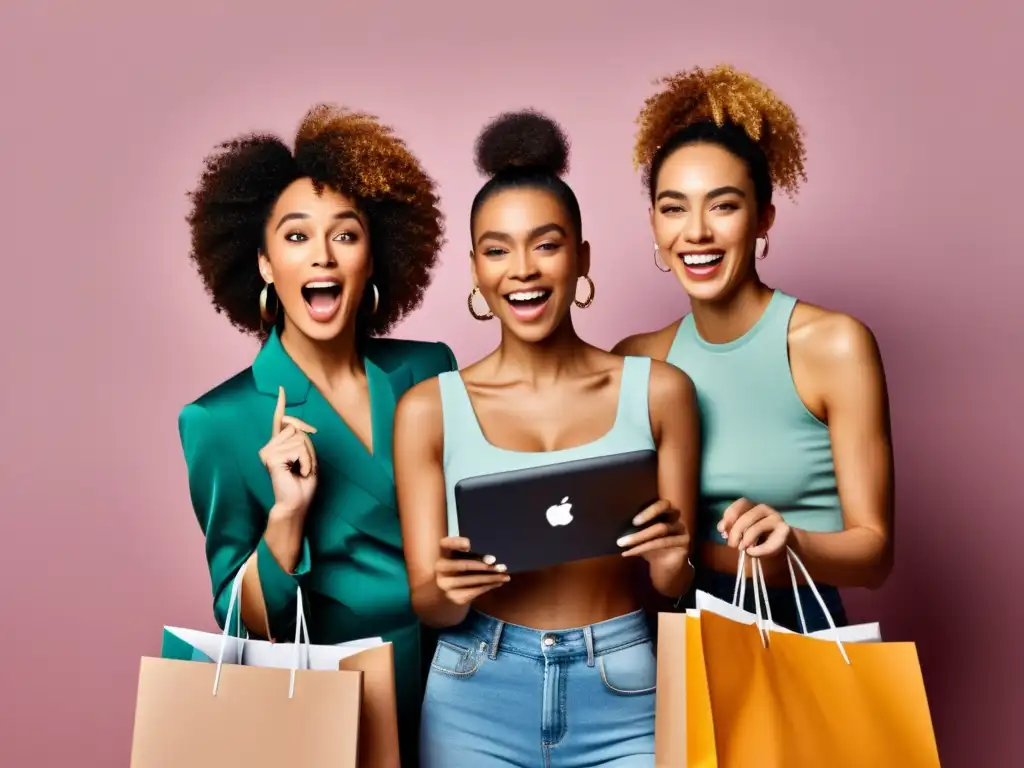 Grupo diverso disfruta de compras de moda online, expresando emoción y satisfacción