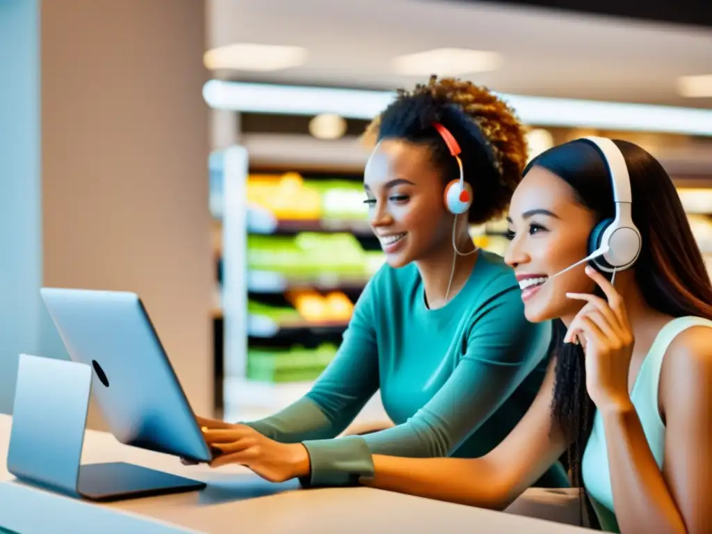 Un grupo diverso de consumidores participa en actividades de compras en línea, interactuando con plataformas de ecommerce