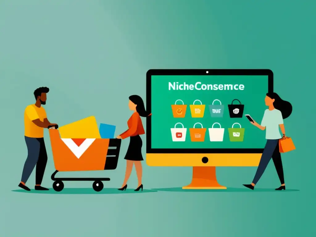 Grupo diverso de consumidores especializados explorando nichos en ecommerce, mostrando su comportamiento único