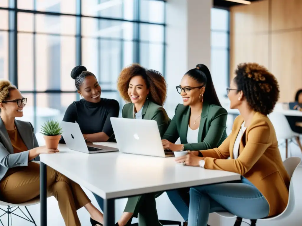 Grupo diverso de emprendedoras mujeres en oficina de comercio electrónico, colaborando y resolviendo problemas en un espacio moderno y luminoso