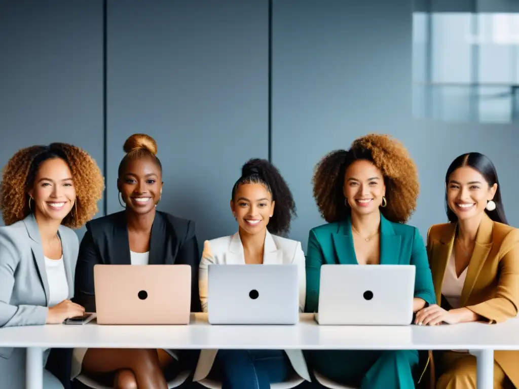 Un grupo diverso de emprendedoras mujeres comercio electrónico colaborando en un espacio contemporáneo, exudando confianza y determinación