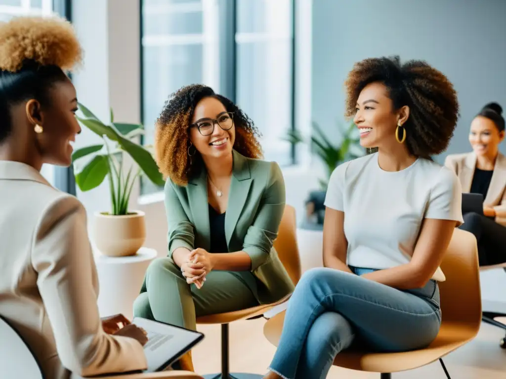 Grupo diverso de emprendedoras mujeres comercio electrónico, seguras y enfocadas, discutiendo estrategias en un coworking moderno y luminoso