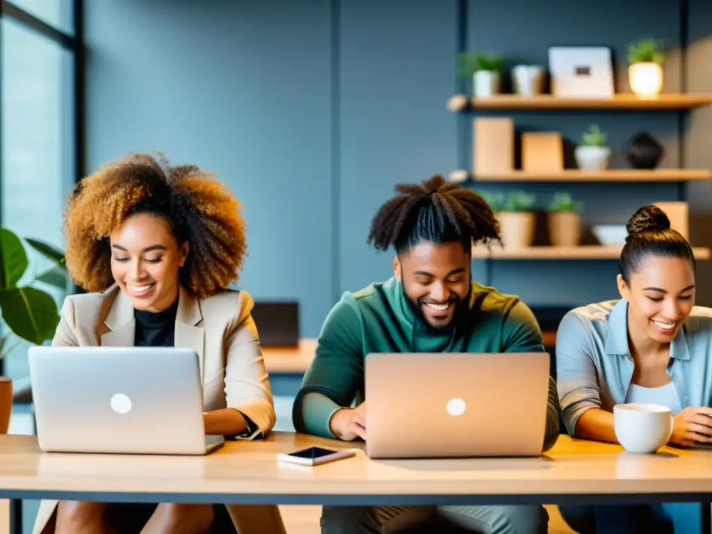 Un grupo diverso de emprendedores trabajando en ecommerce, representando inclusividad y determinación