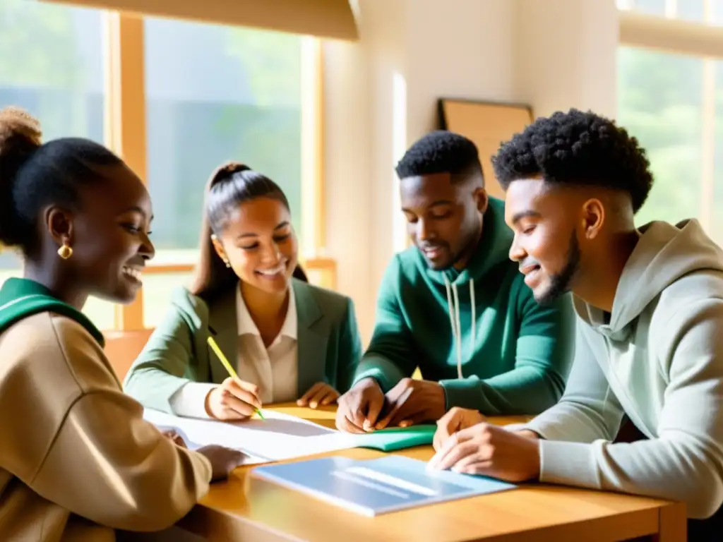 Grupo diverso de estudiantes colaborando en recursos educativos sobre sostenibilidad y ecommerce, con luz natural cálida