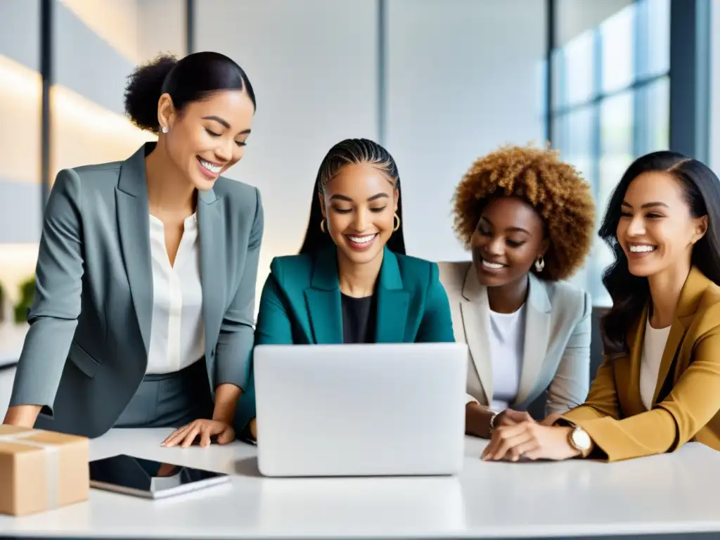 Un grupo diverso de mujeres se involucra en actividades de comercio electrónico en una oficina moderna y elegante