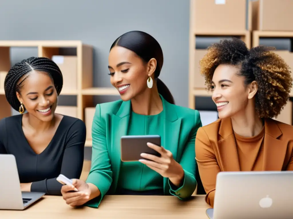 Grupo diverso de mujeres empoderadas realizando actividades de ecommerce en un entorno moderno, reflejando la equidad de género