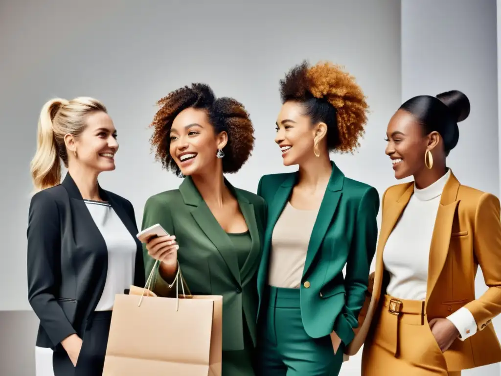 Un grupo diverso de mujeres empoderadas participa en actividades de comercio electrónico, mostrando confianza y profesionalismo