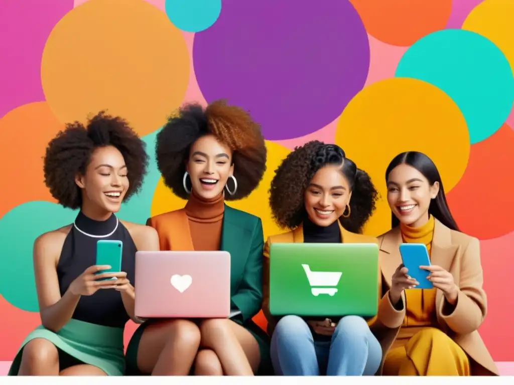 Grupo diverso de mujeres comprando online juntas, rodeadas de logos de plataformas ecommerce