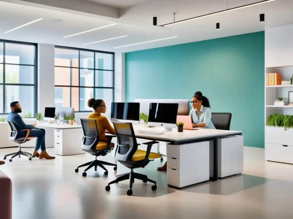 Grupo diverso trabajando en oficina de comercio electrónico, reflejando impacto de la diversidad en la industria