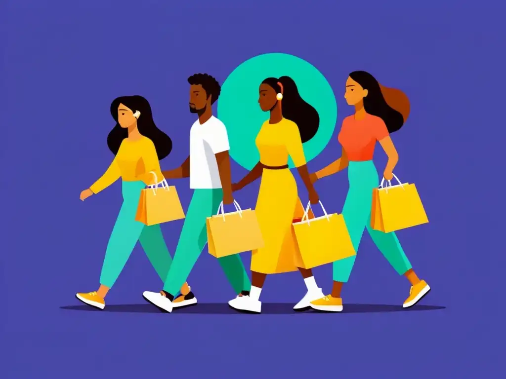 Grupo diverso de personas disfrutando de compras online en un ambiente de ecommerce ético y consciente, ilustración vibrante y minimalista