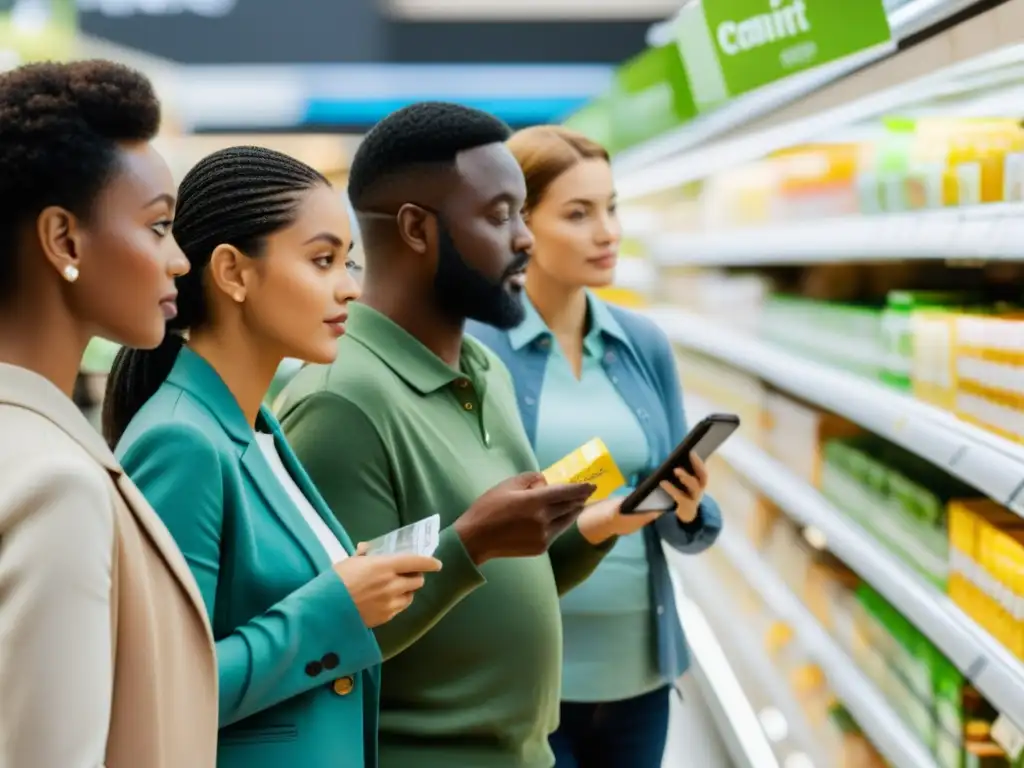 Un grupo diverso de personas inspecciona etiquetas en una tienda, creando un ambiente de consumo ético y consciente