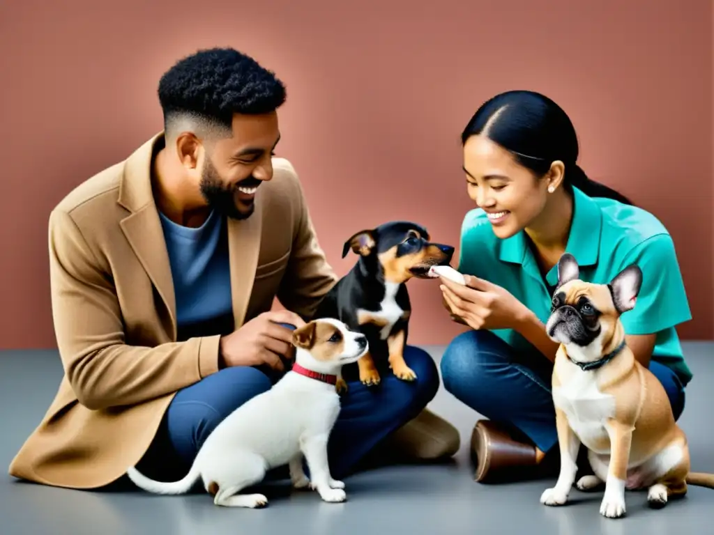 Un grupo diverso de personas interactúa con mascotas de manera responsable y profesional, promoviendo prácticas responsables en comercio de mascotas