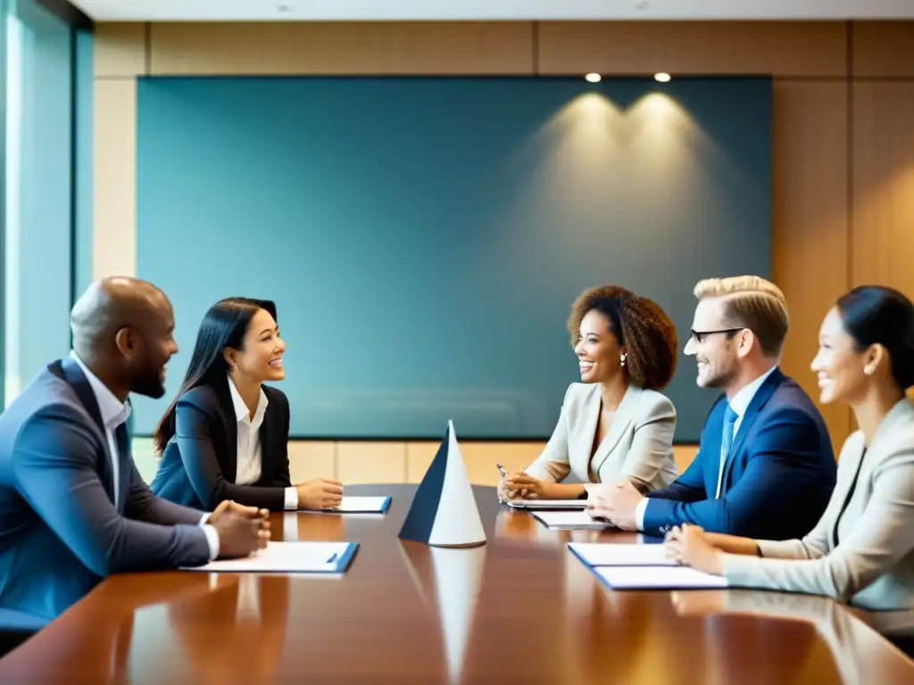 Grupo diverso de profesionales internacionales discutiendo estrategias de precios para mercados internacionales en una moderna sala de conferencias