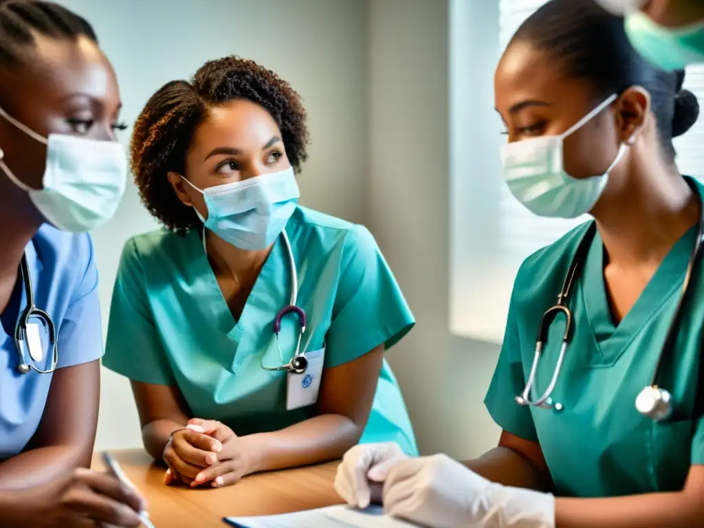 Un grupo diverso de profesionales de la salud con mascarillas y batas discuten planes de tratamiento