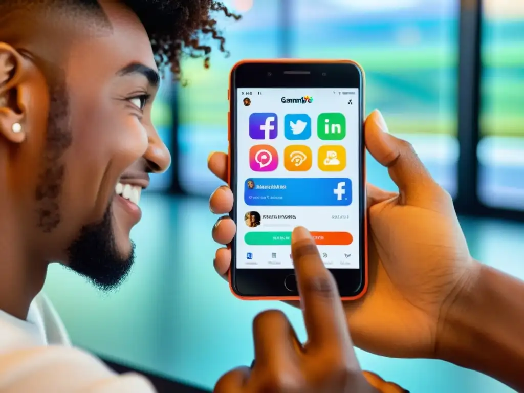 Un grupo diverso disfruta de la gamificación en redes sociales a través de un smartphone moderno y vibrante
