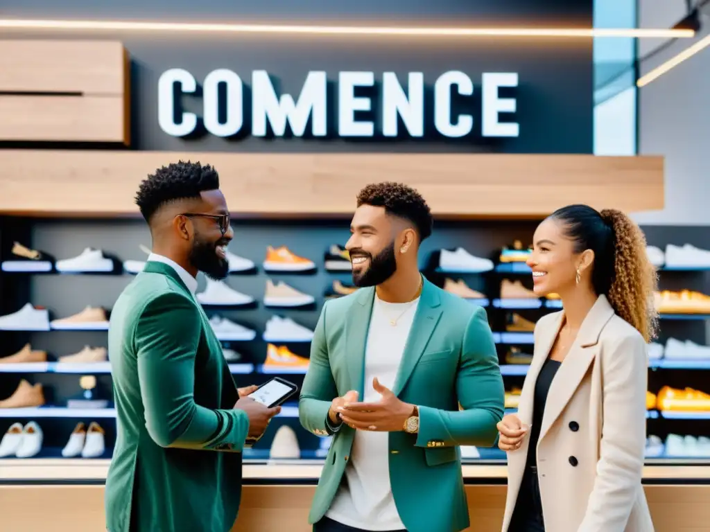 Un grupo de influencers diversos conversando frente a una tienda moderna, proyectando colaboración y éxito en marcas de ecommerce