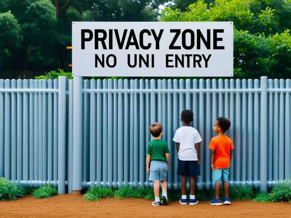 Un grupo de niños juega felices en una zona vallada con letrero 'Zona de Privacidad: No Entrada no Autorizada'