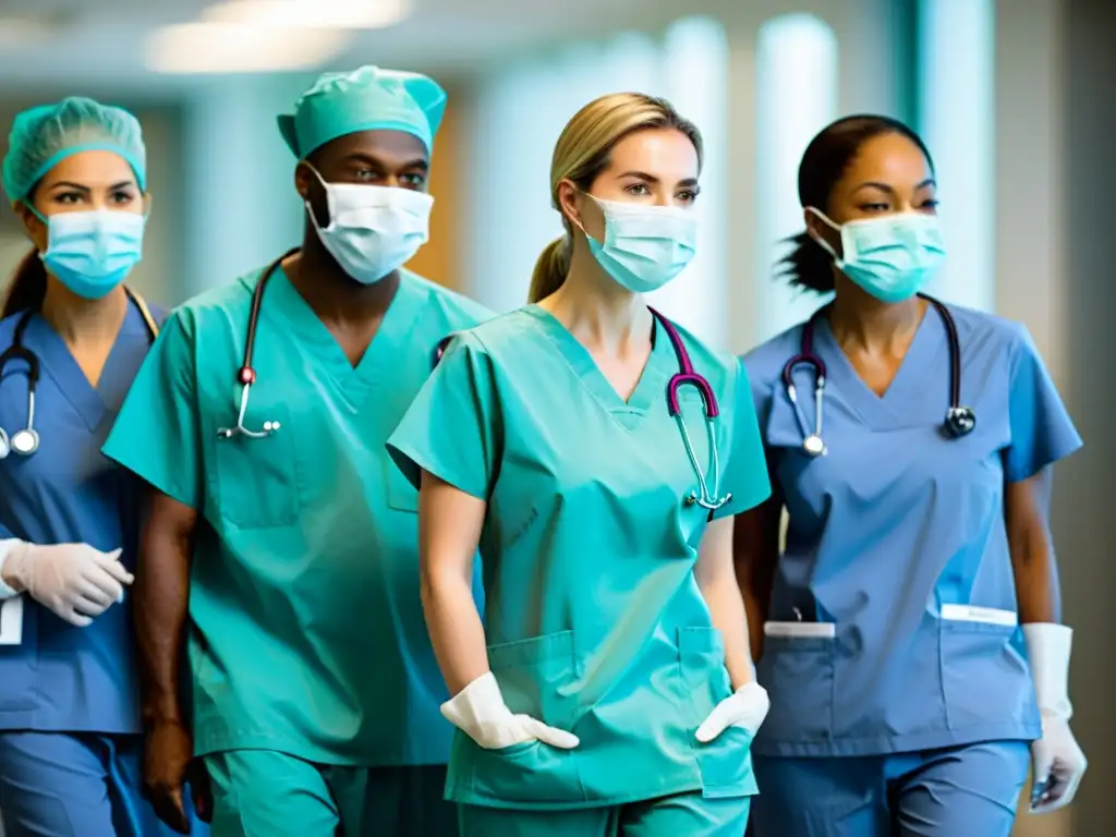 Un grupo de profesionales médicos en pasillos hospitalarios, llevando equipamiento médico