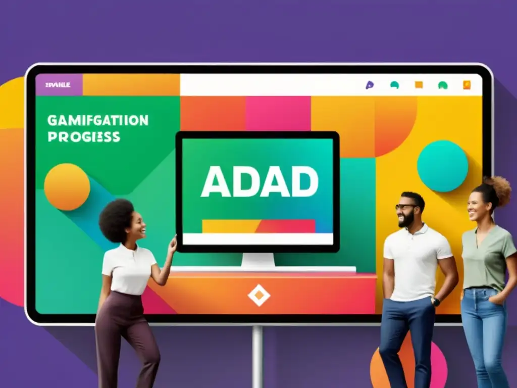 Grupo disfruta de publicidad gamificada en pantalla grande rodeados de formas coloridas