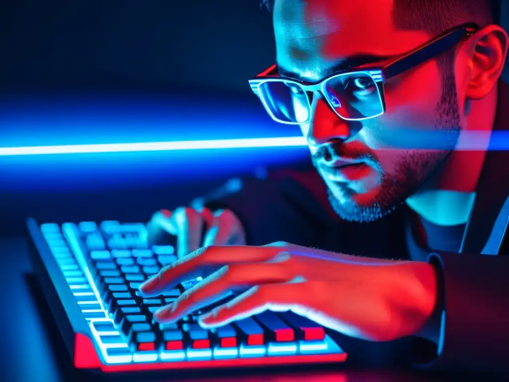 Un hacker concentradísimo escribe código en un teclado, con reflejos de interfaces digitales en sus gafas